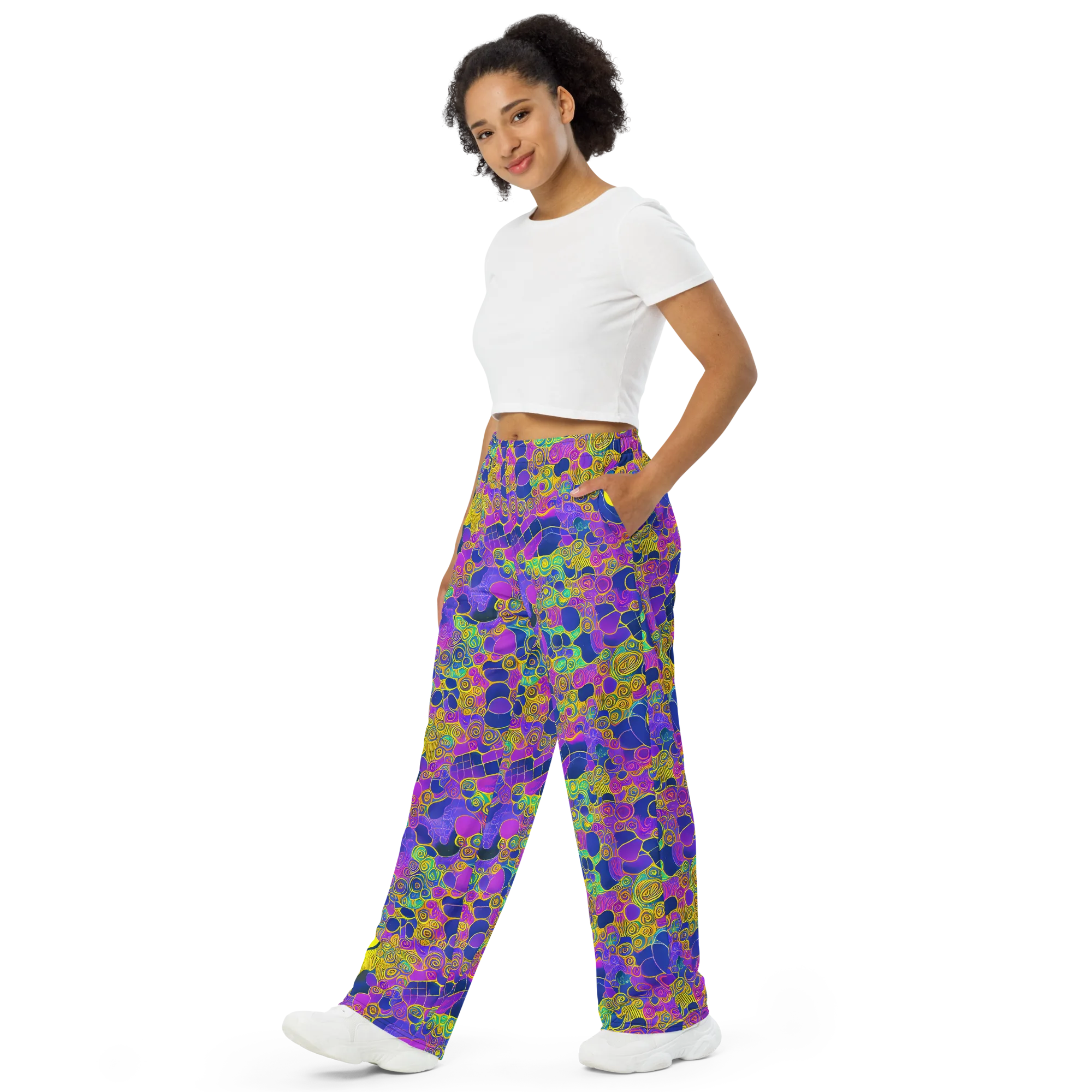 Neon Spiral Current on Wide-Leg Pants — Left Front