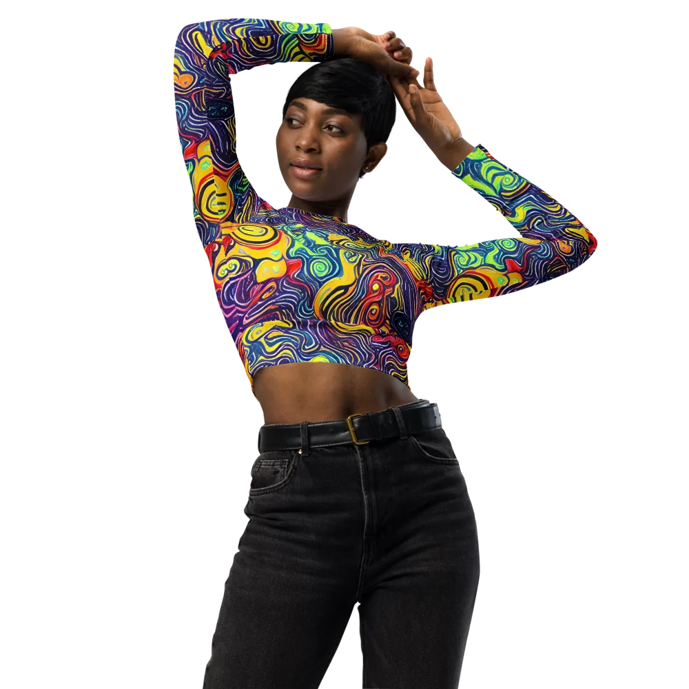 Indigo Frenzy on Long Sleeve Crop Top — Front