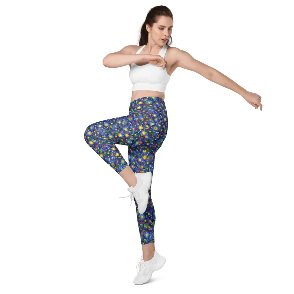 Cobalt Star Garden on Leggings with Pockets — Left Front