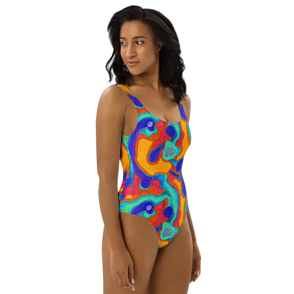Tangerine Vortex on One-Piece Swimsuit — Right