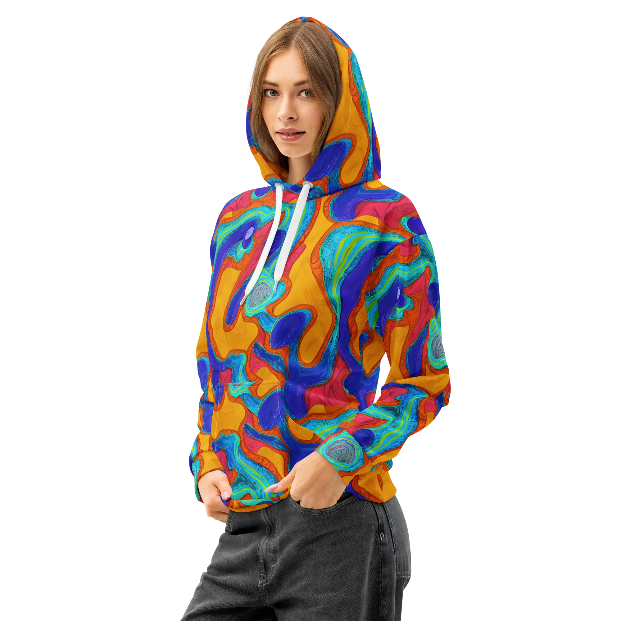 Tangerine Vortex on Cotton Hoodie — Left Front
