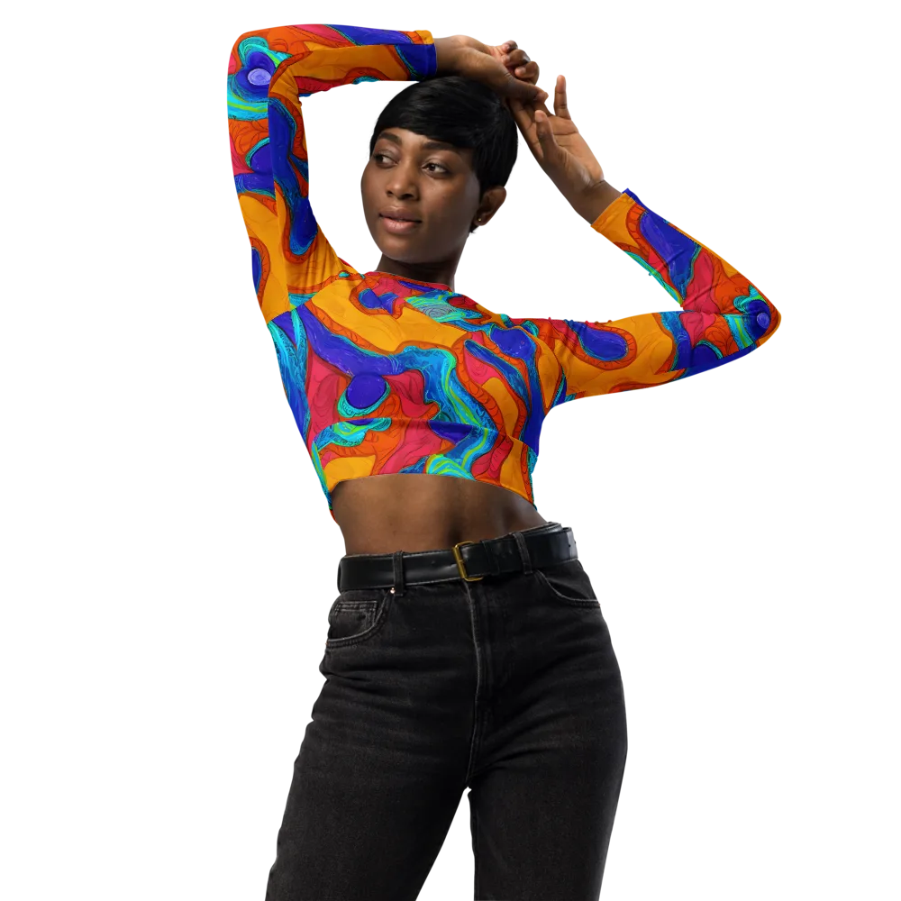 Tangerine Vortex on Long Sleeve Crop Top — Front
