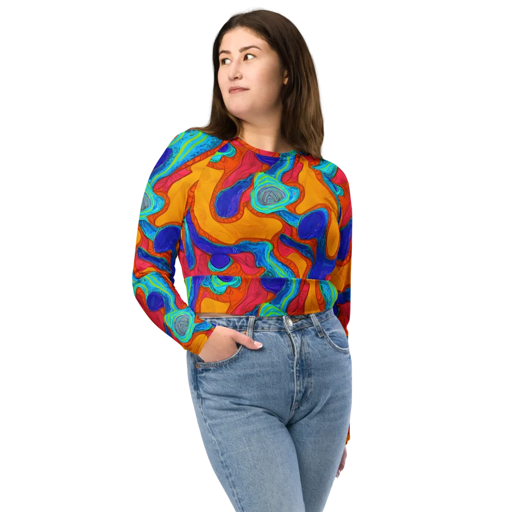 Tangerine Vortex on Long Sleeve Crop Top — Front