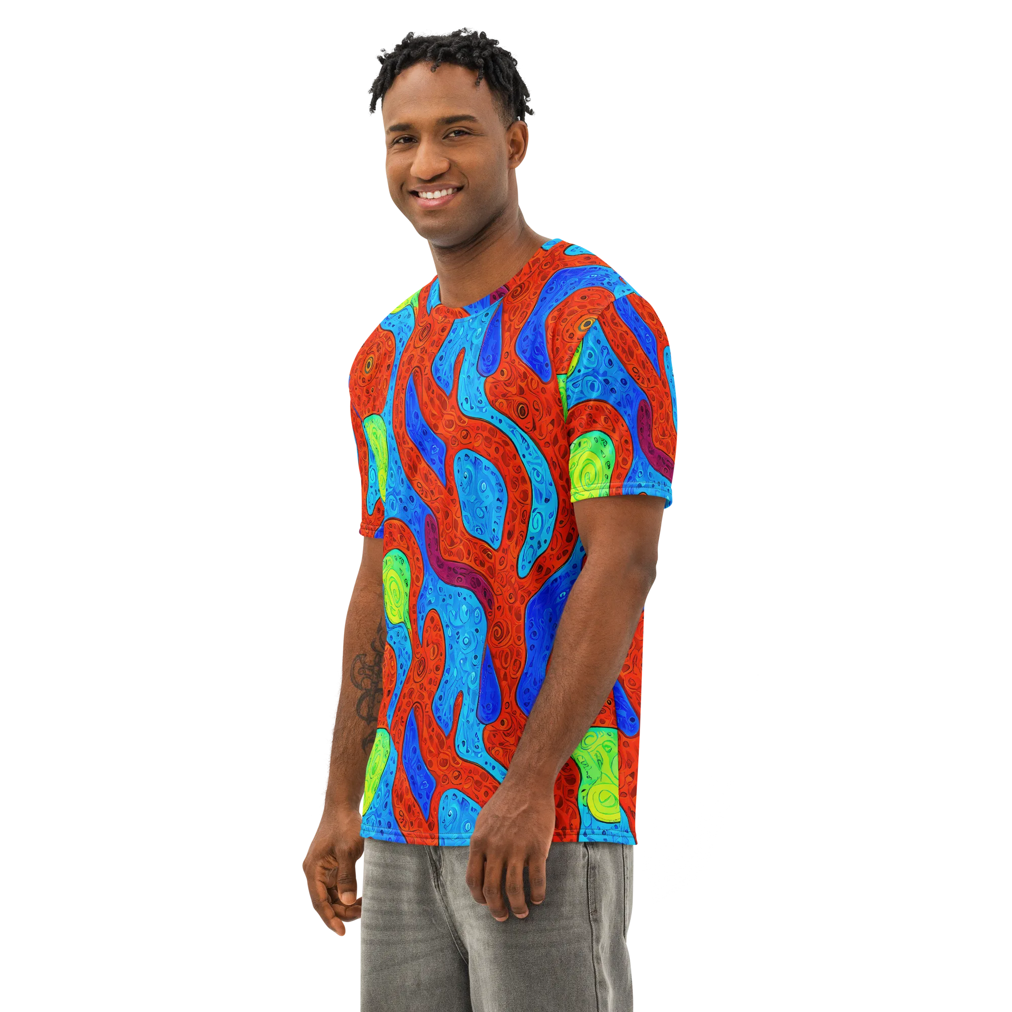 Amoeba Arcade on Men's Cotton Crew Neck T-Shirt — Left Front