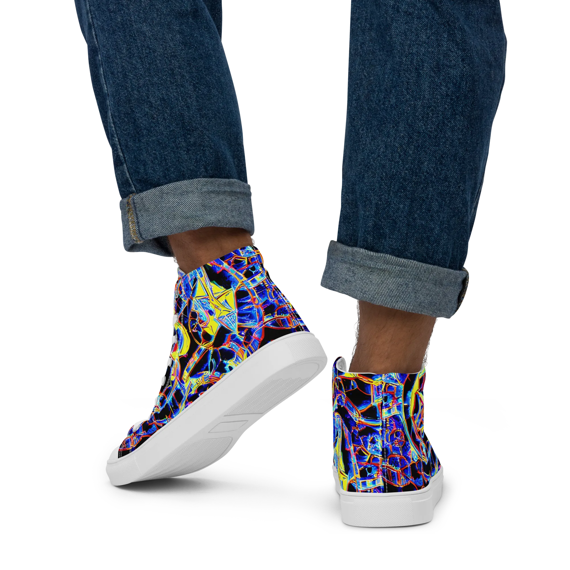 Futurist Frenzy on Men's High Top Canvas Shoes — Back