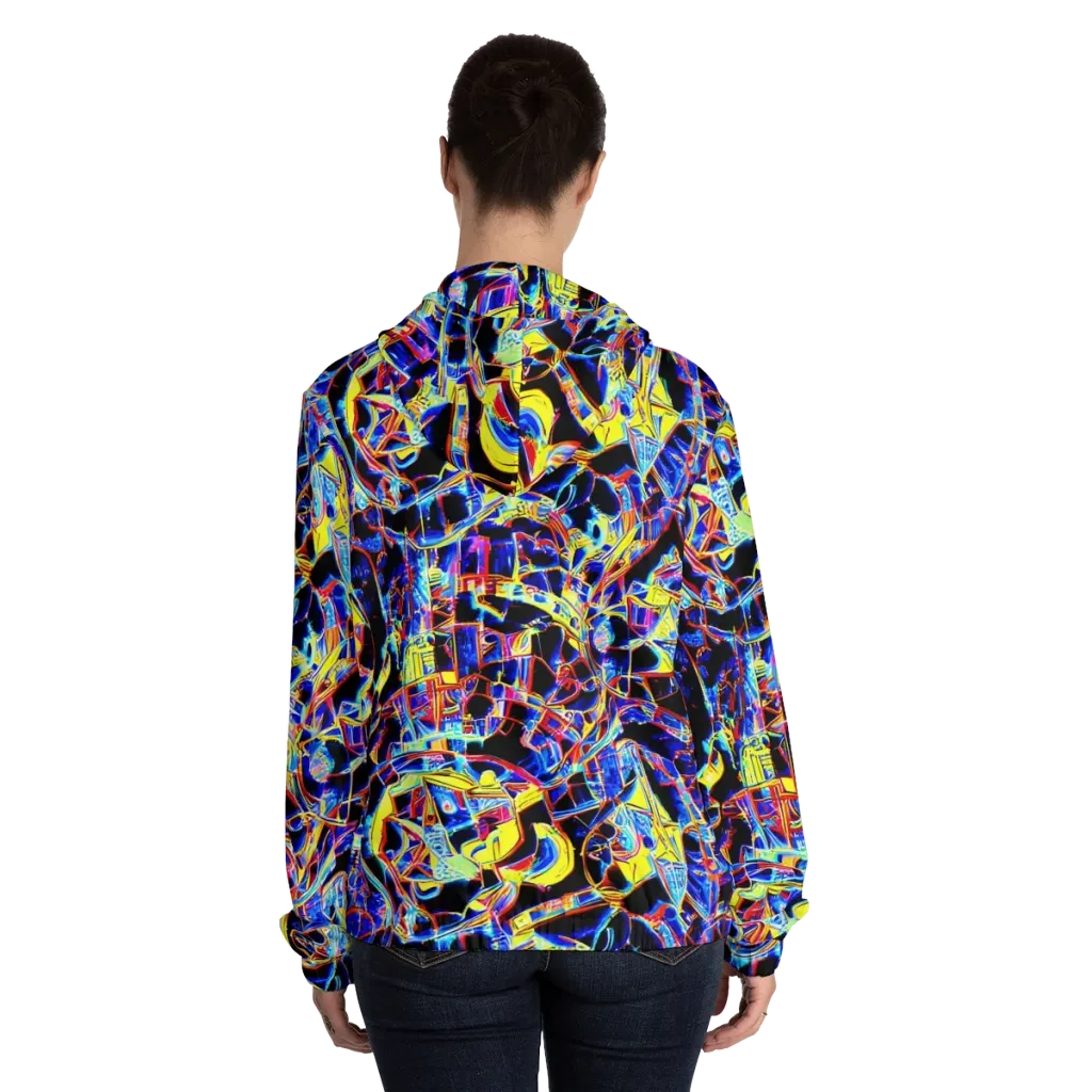 Futurist Frenzy on Women's Full-Zip Hoodie — Back On Person