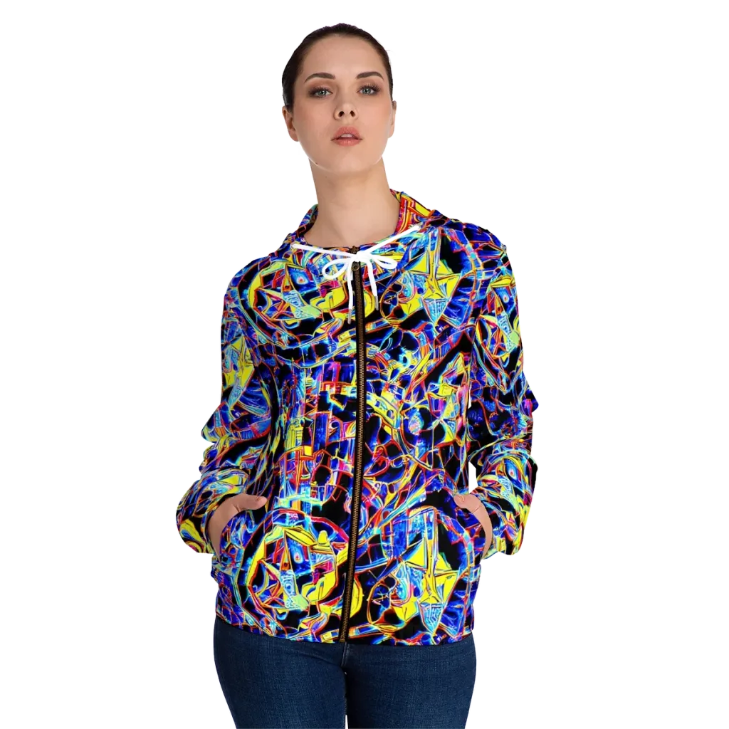 Futurist Frenzy on Women's Full-Zip Hoodie — Front On Person