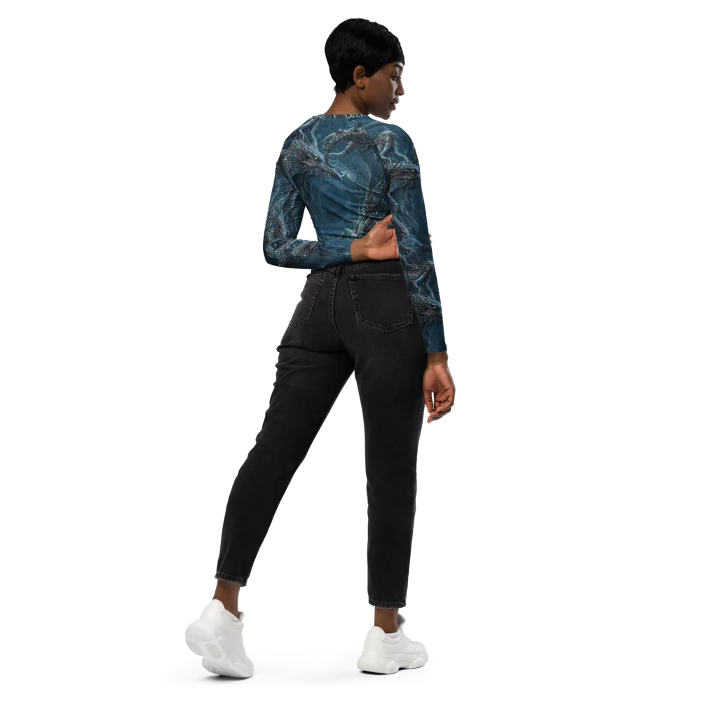 Azure Dragonfall on Long Sleeve Crop Top — Right Back