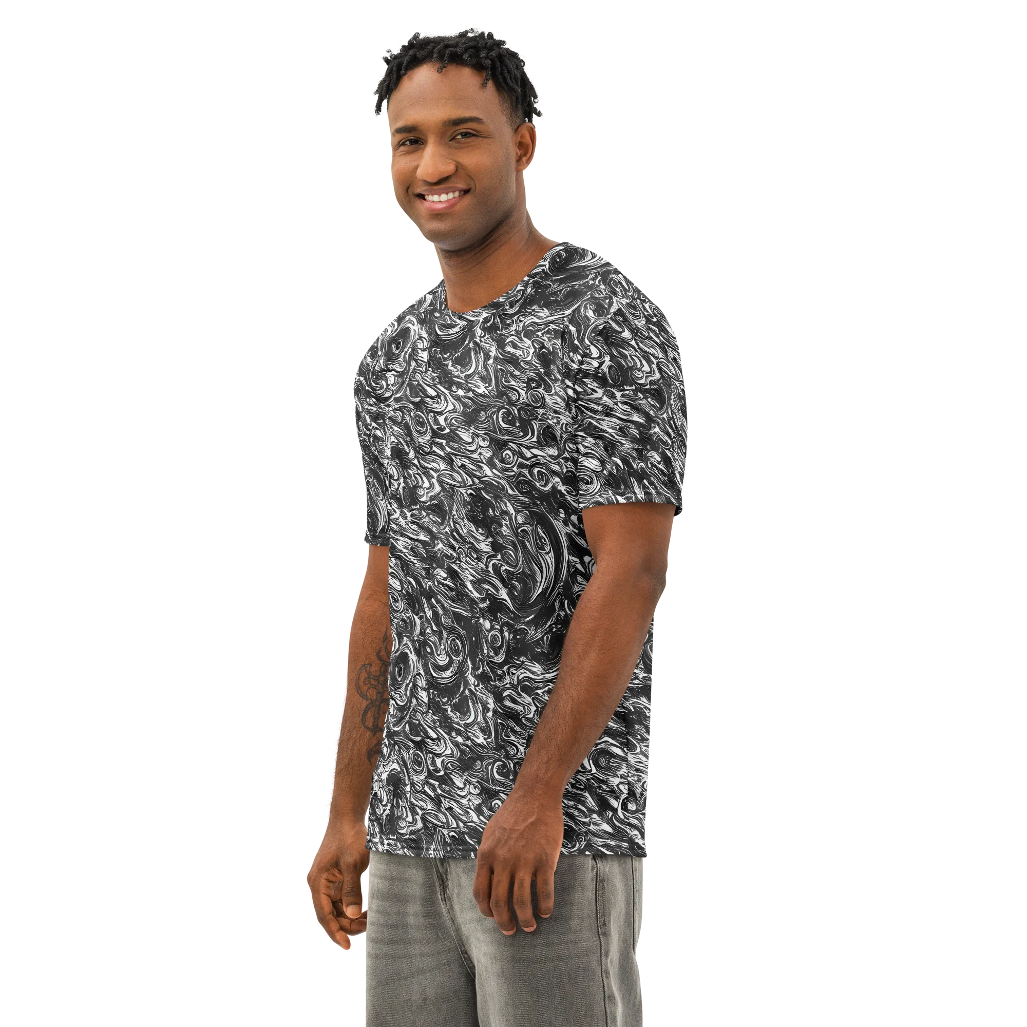 Liquid Onyx on Men's Cotton Crew Neck T-Shirt — Left Front