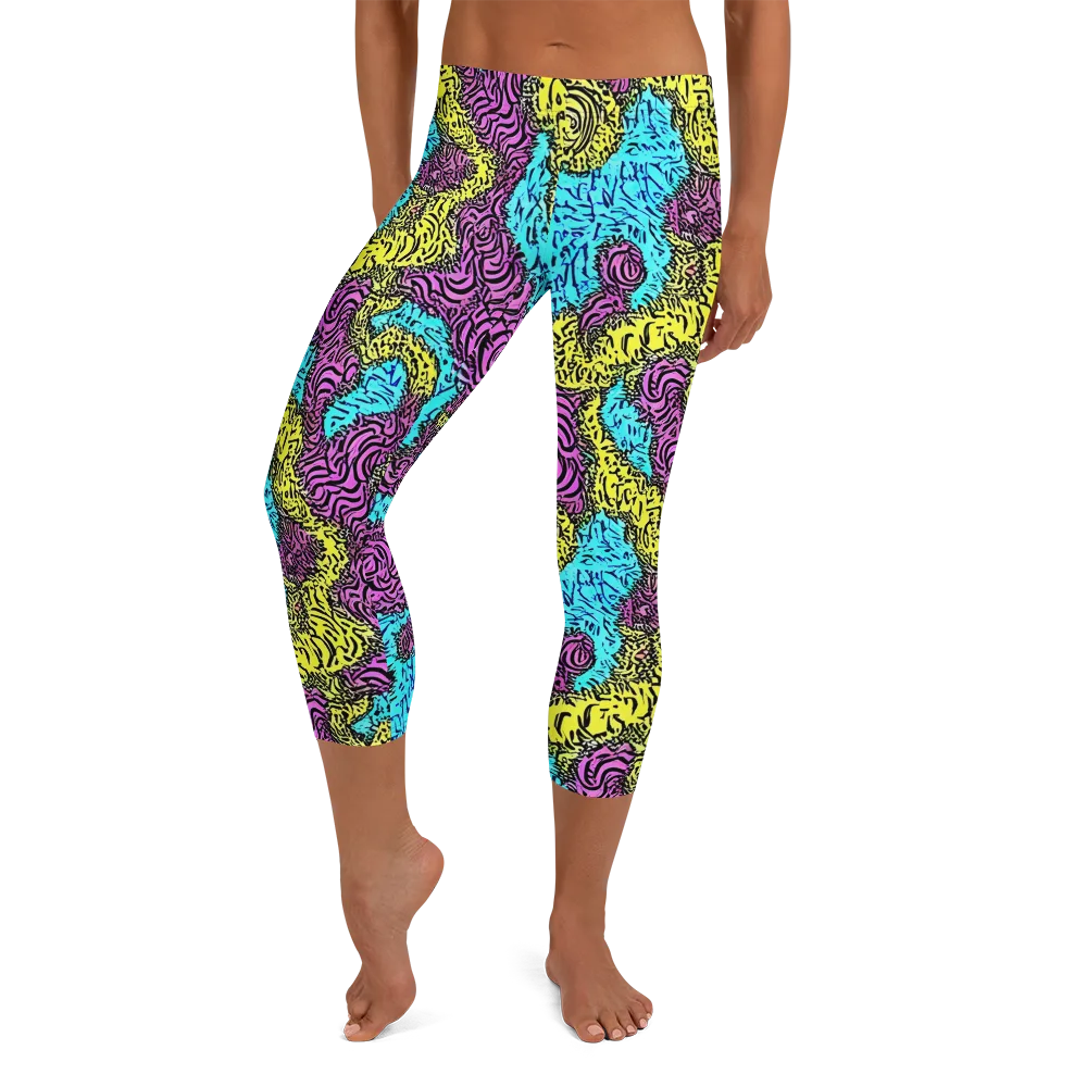 Electric Bloom Maze on Capri Leggings — Front