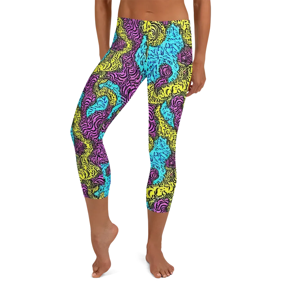 Electric Bloom Maze on Capri Leggings — Front