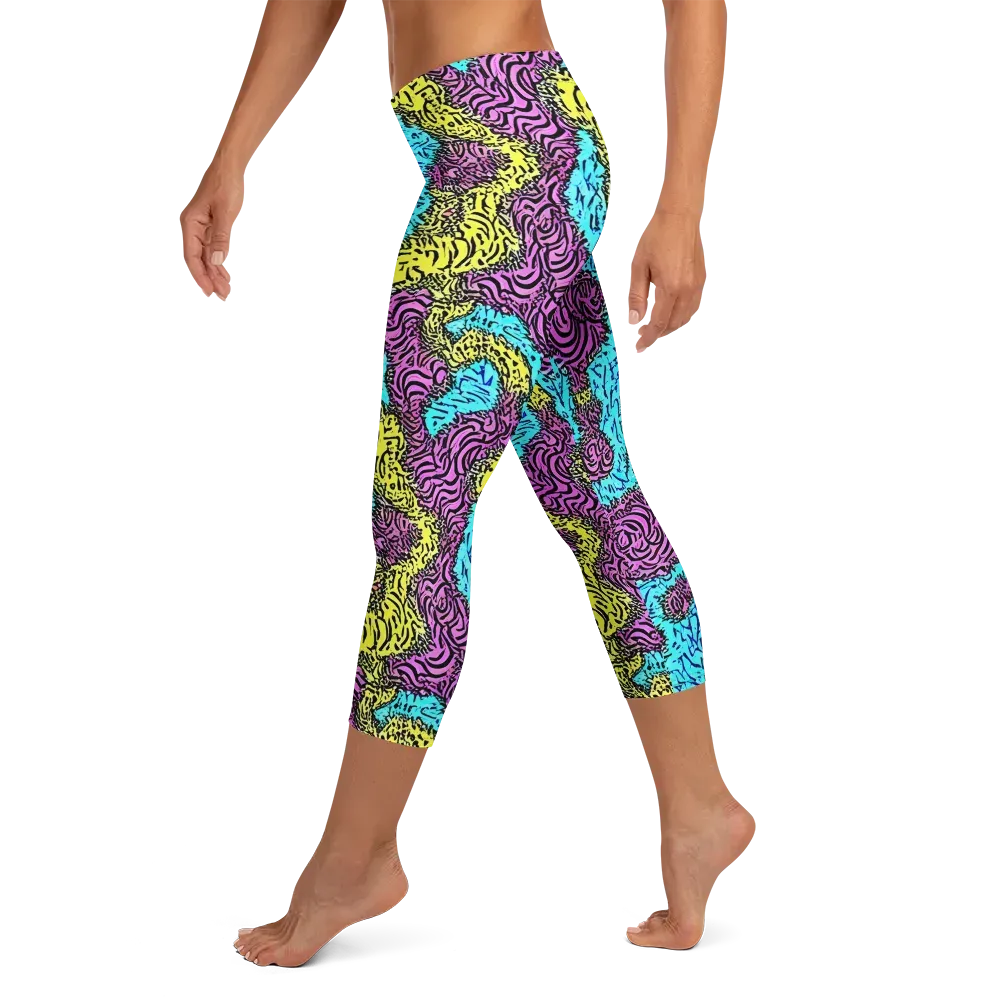 Electric Bloom Maze on Capri Leggings — Left