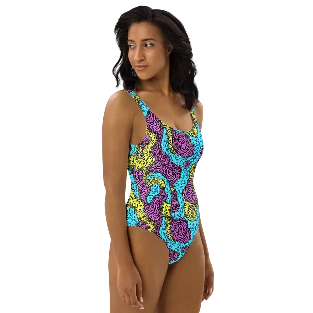 Electric Bloom Maze on One-Piece Swimsuit — Right