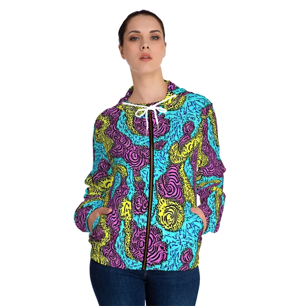 Electric Bloom Maze on Women's Full-Zip Hoodie — Front On Person