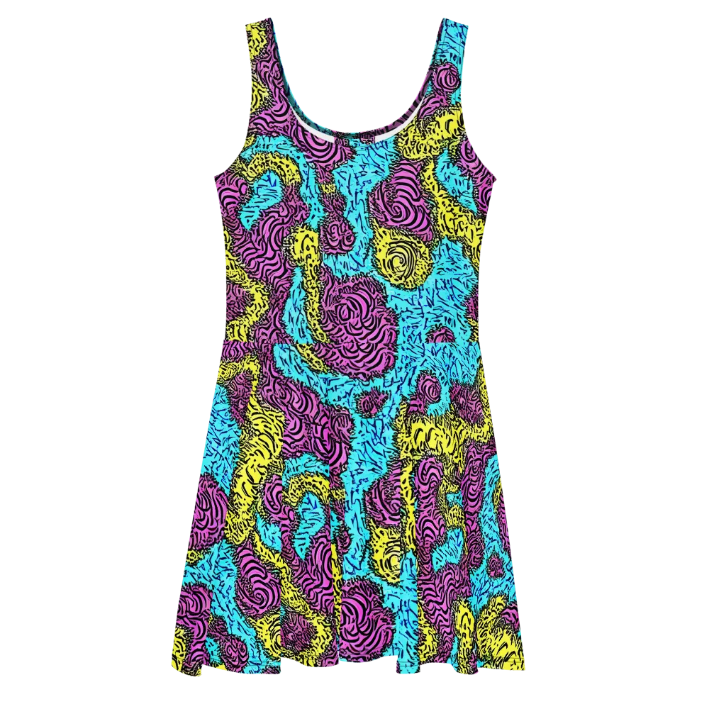 Electric Bloom Maze on Skater Dress — Front