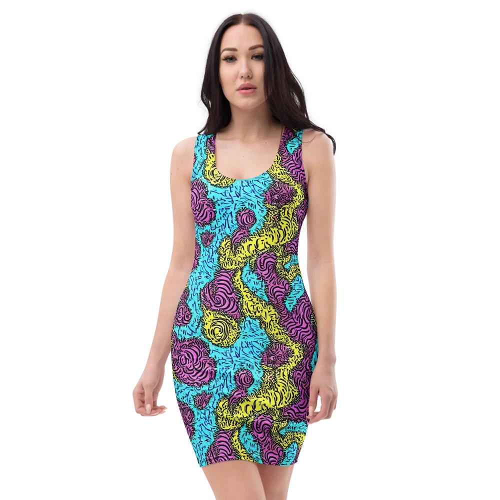 Electric Bloom Maze on Bodycon Dress — Front
