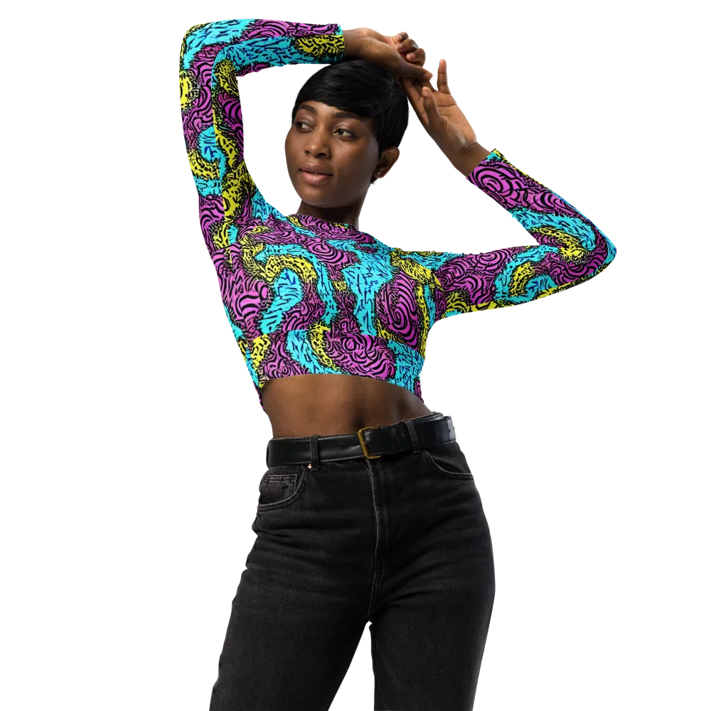 Electric Bloom Maze on Long Sleeve Crop Top — Front