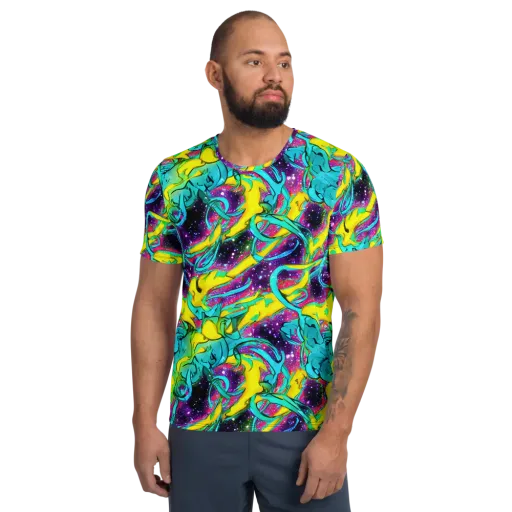 Galaxy Bloom on a Men's Athletic T-Shirt