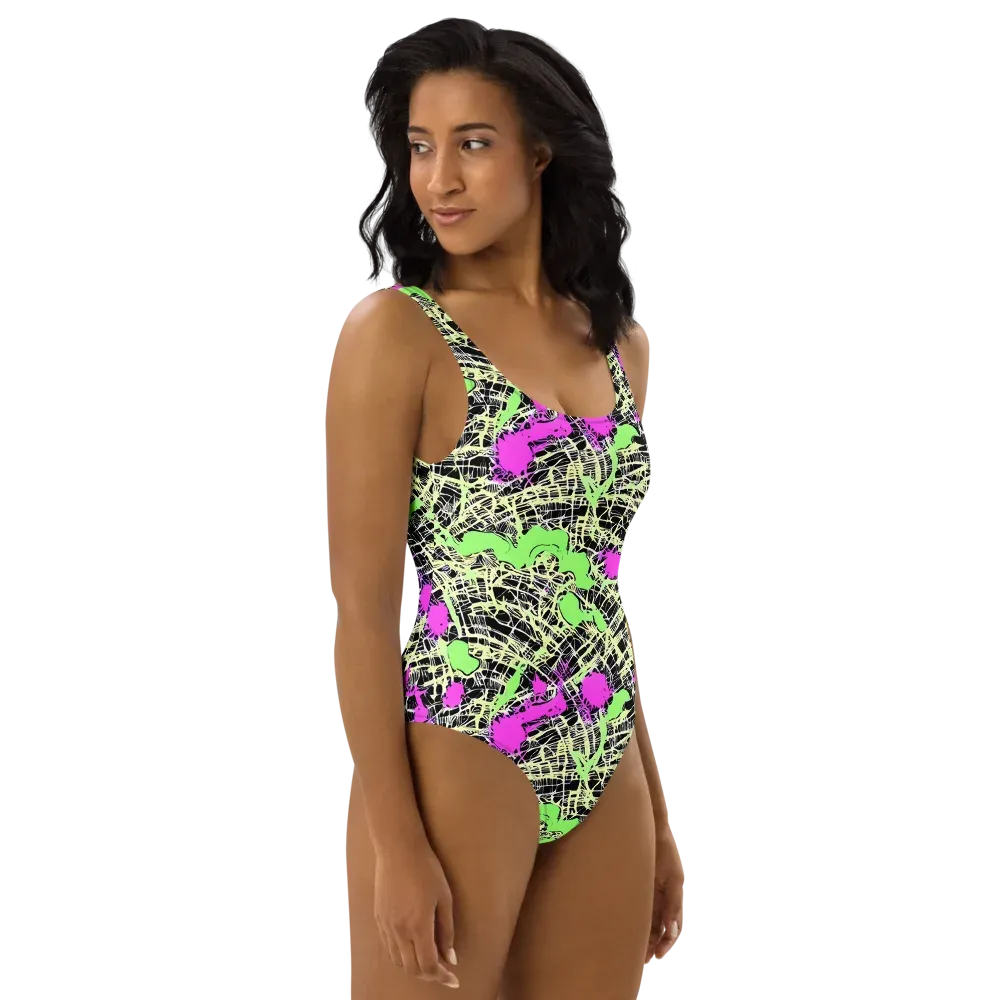 Neon Jungle Riot on One-Piece Swimsuit — Right