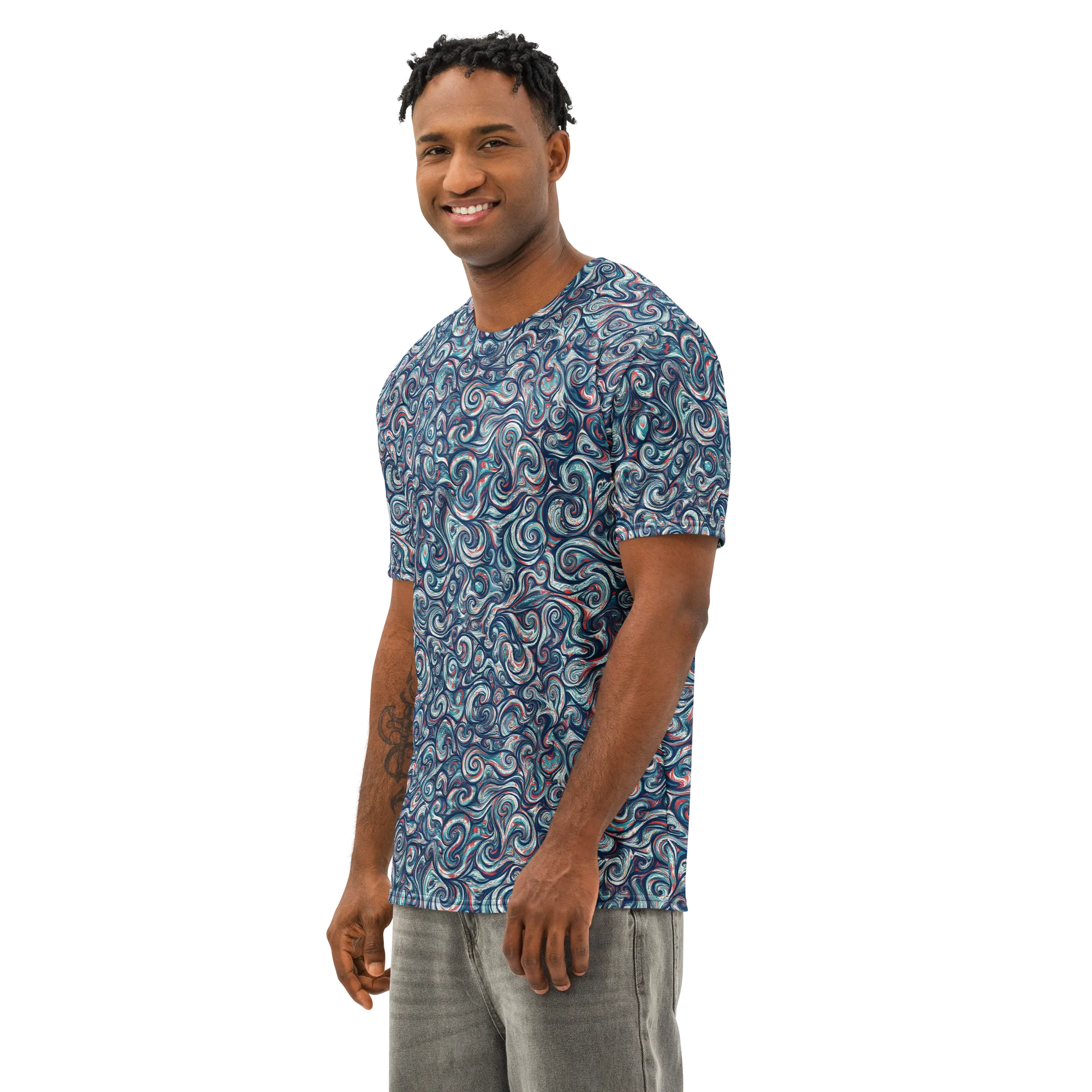 Indigo Vortex on Men's Cotton Crew Neck T-Shirt — Left Front