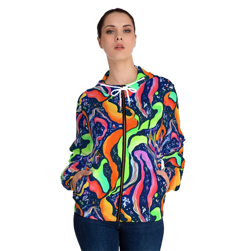 Psychedelic Flow on Women's Full-Zip Hoodie — Front On Person