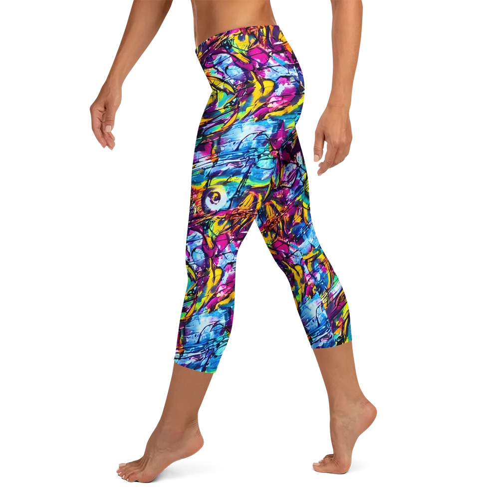 Fuchsia Voltage on Capri Leggings — Left
