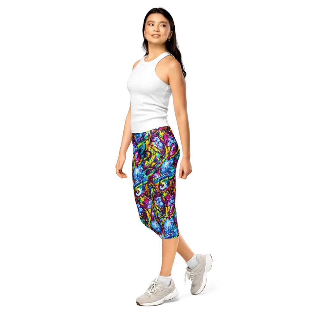 Fuchsia Voltage on Capri Leggings — Left Front