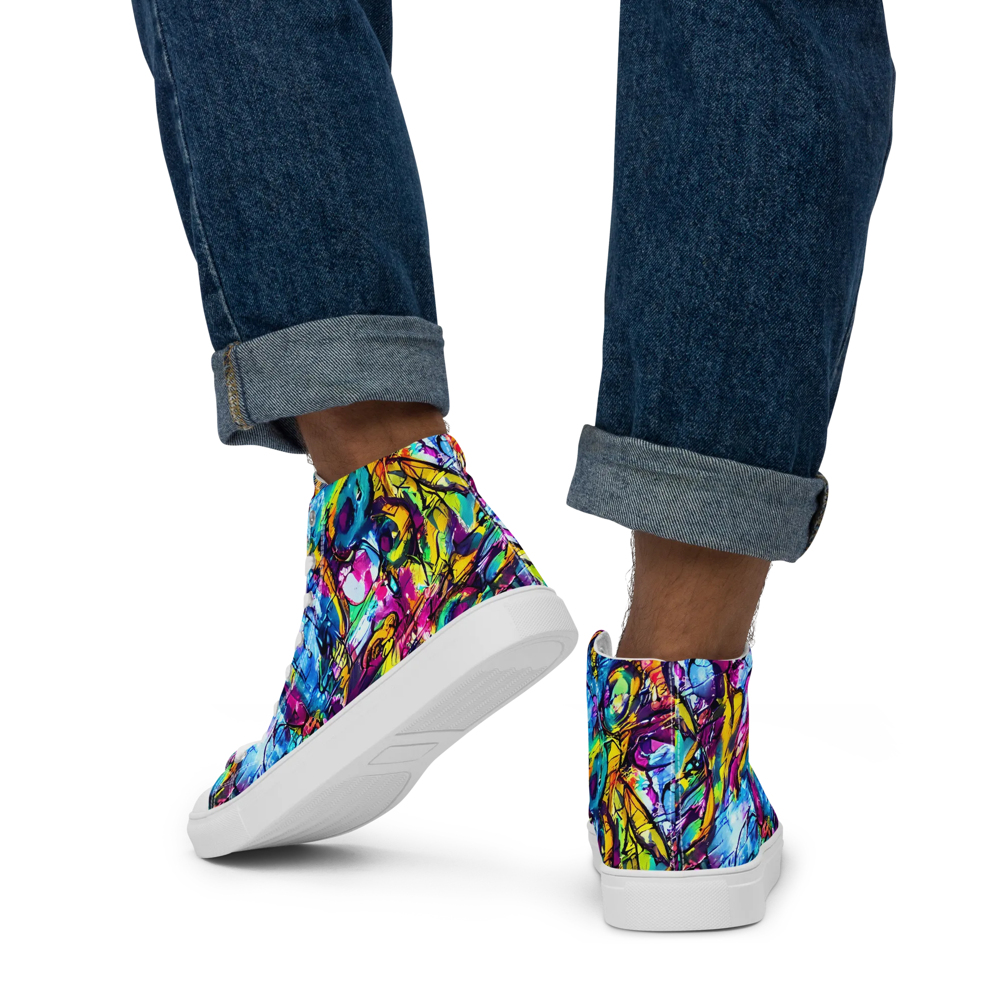 Fuchsia Voltage on Men's High Top Canvas Shoes — Back