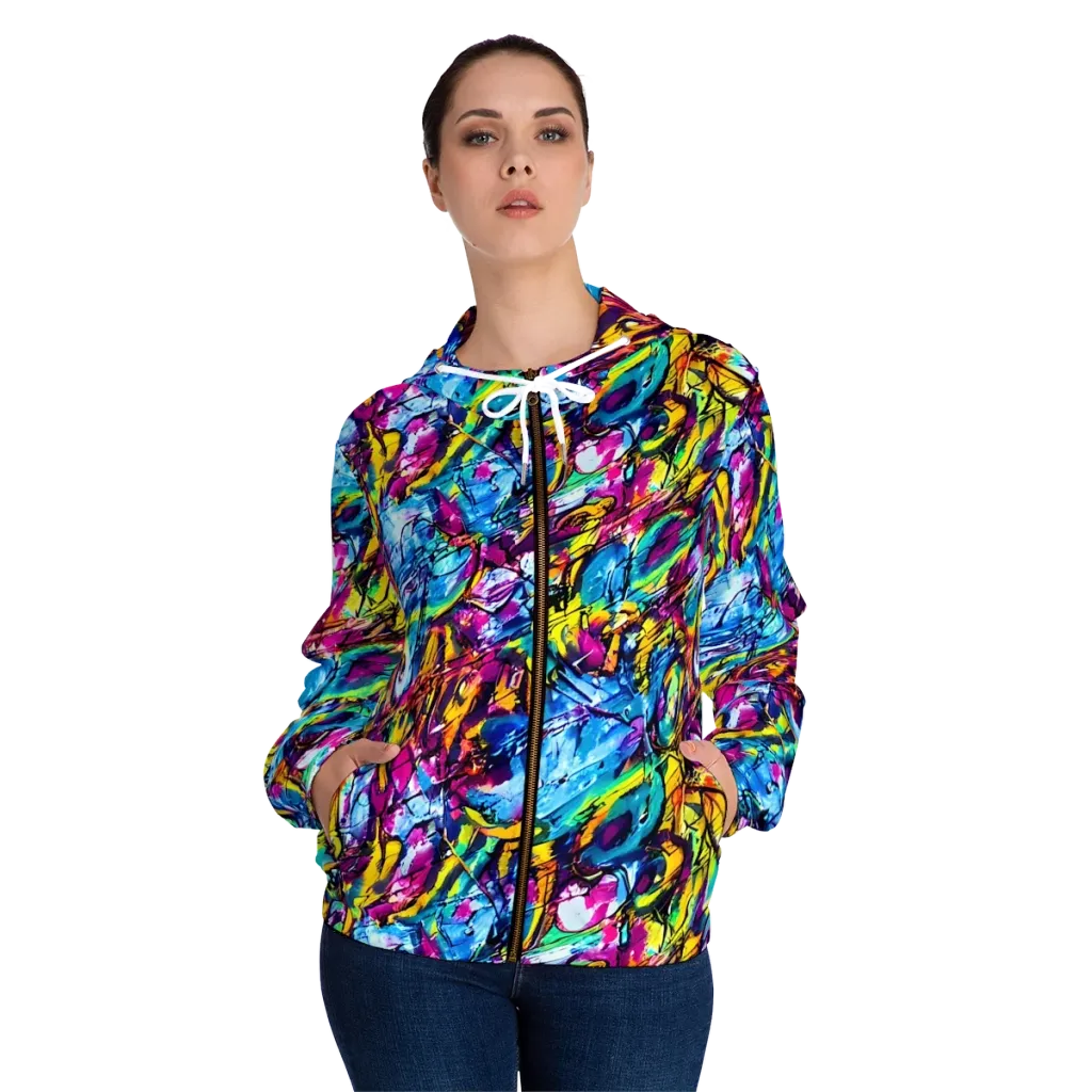 Fuchsia Voltage on Women's Full-Zip Hoodie — Front On Person