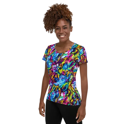 Fuchsia Voltage on a Women's Athletic T-Shirt