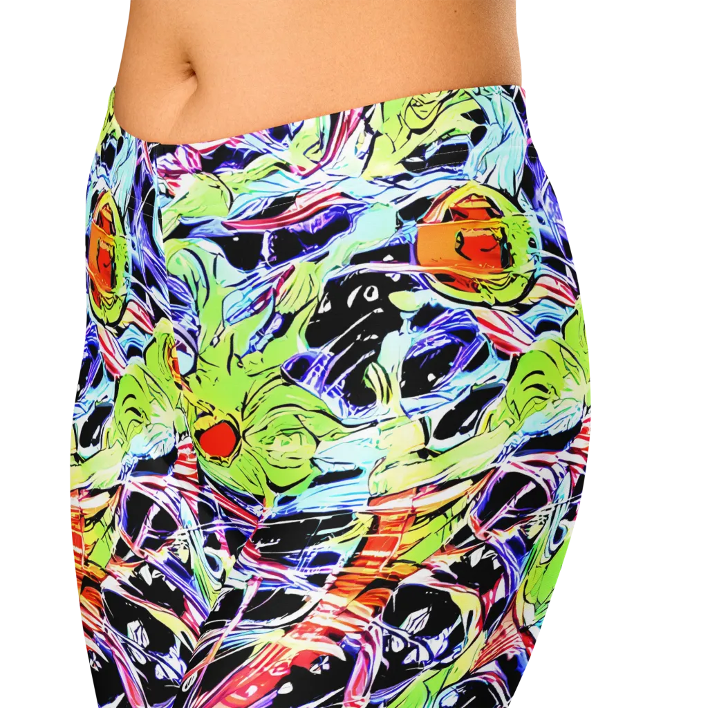 Electric Frog Rush on Capri Leggings — Zoomed-in