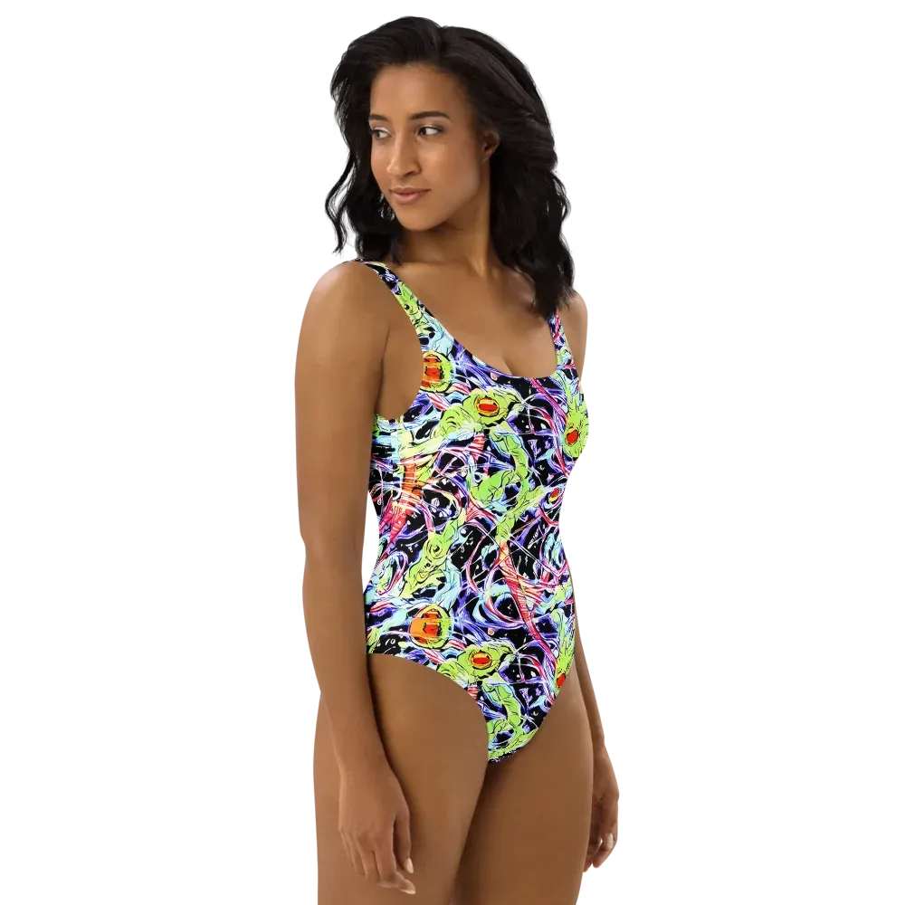 Electric Frog Rush on One-Piece Swimsuit — Right