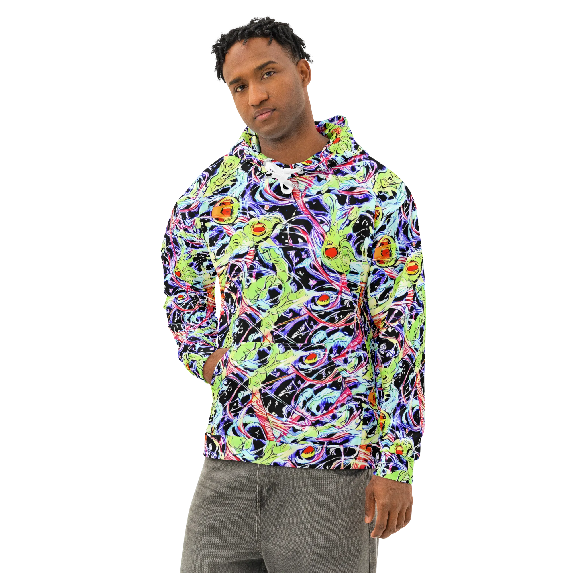 Electric Frog Rush on Cotton Hoodie — Left Front