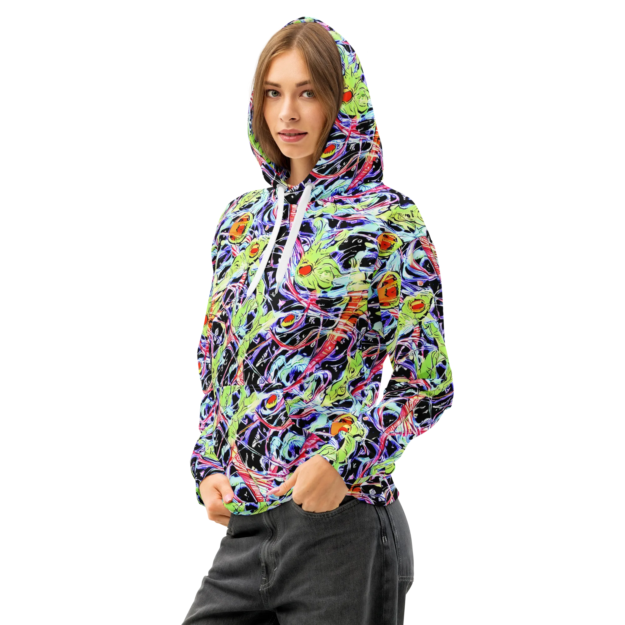 Electric Frog Rush on Cotton Hoodie — Left Front