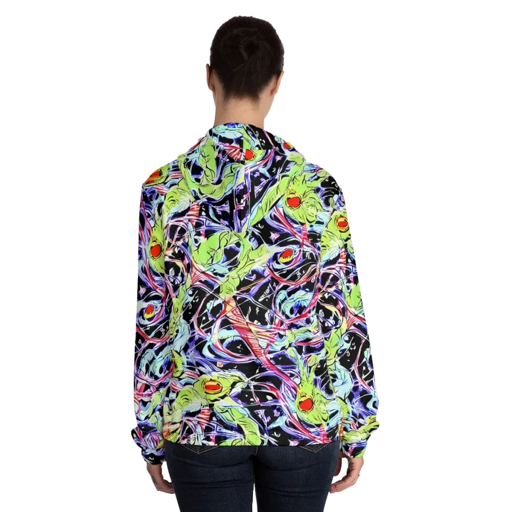 Electric Frog Rush on Women's Full-Zip Hoodie — Back On Person