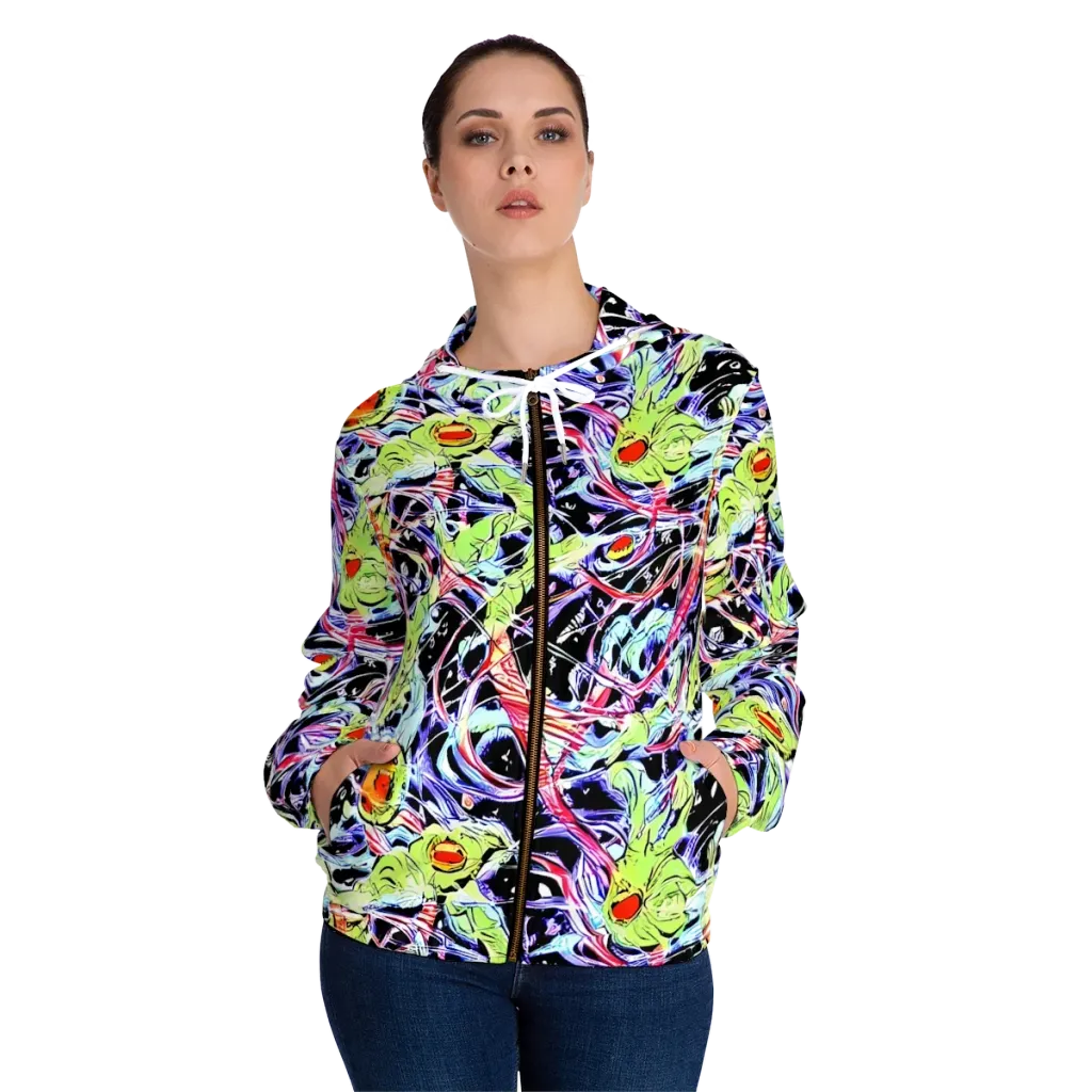Electric Frog Rush on Women's Full-Zip Hoodie — Front On Person