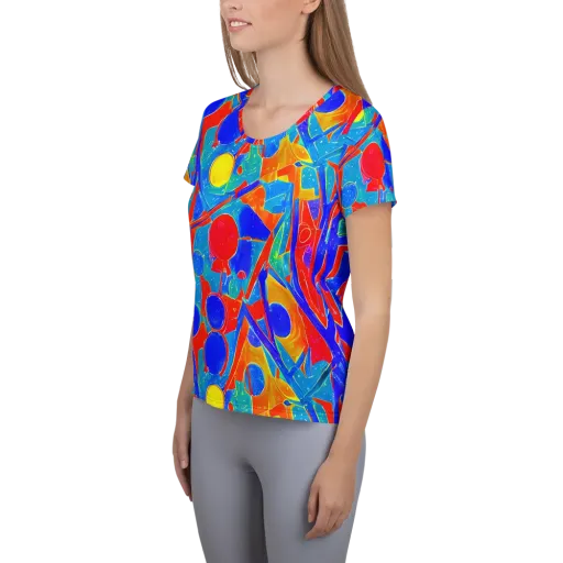 Atomic Confetti on a Women's Athletic T-Shirt