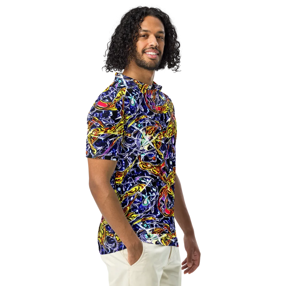 Blue Fire Orbit on Men's Slim Fit Polo Shirt — Right Front