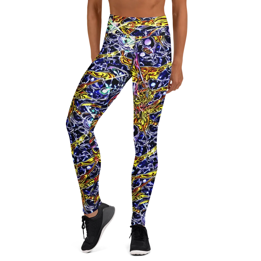 Blue Fire Orbit on Yoga Leggings — Front