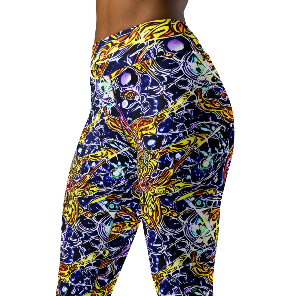 Blue Fire Orbit on Yoga Leggings — Left Front