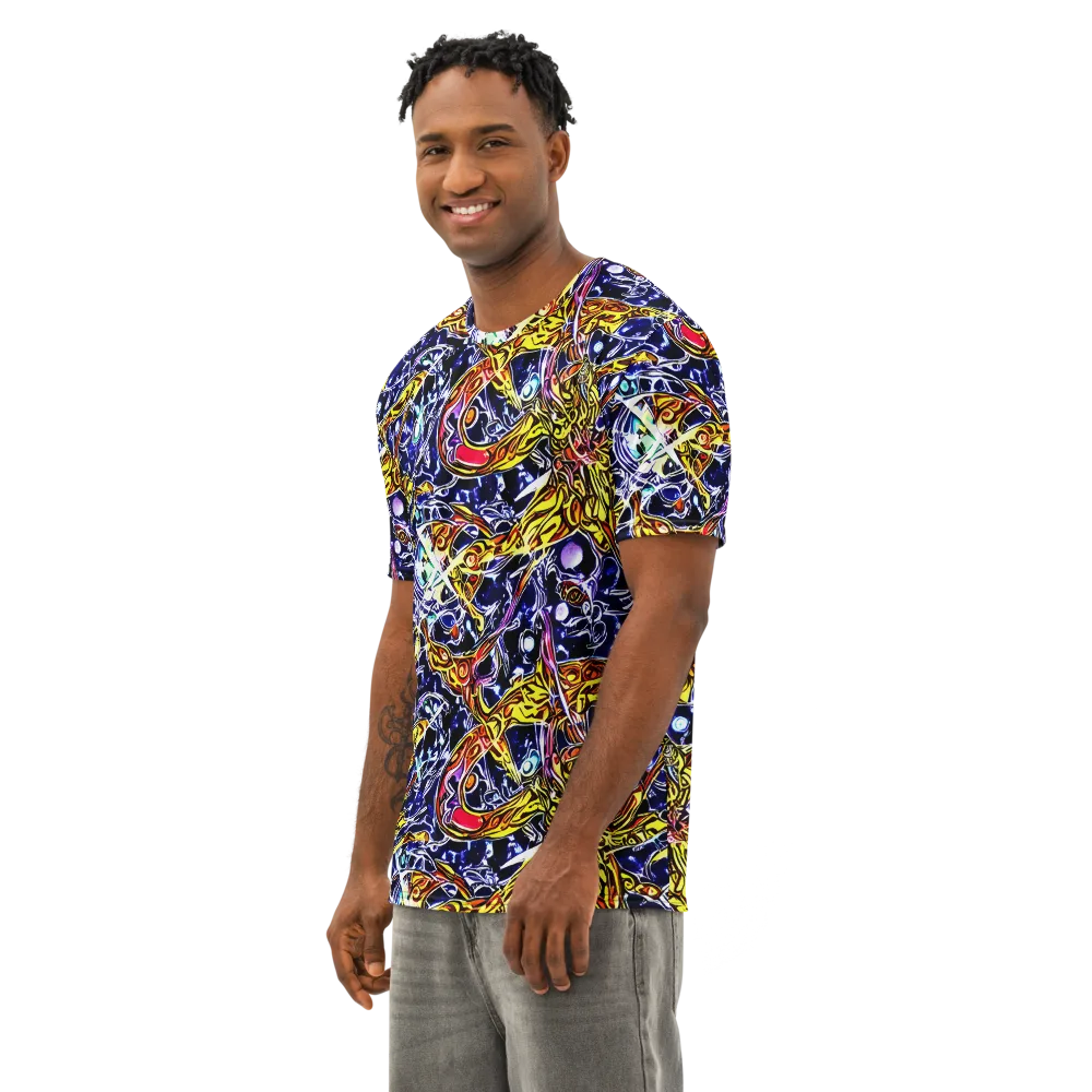Blue Fire Orbit on Men's Cotton Crew Neck T-Shirt — Left Front