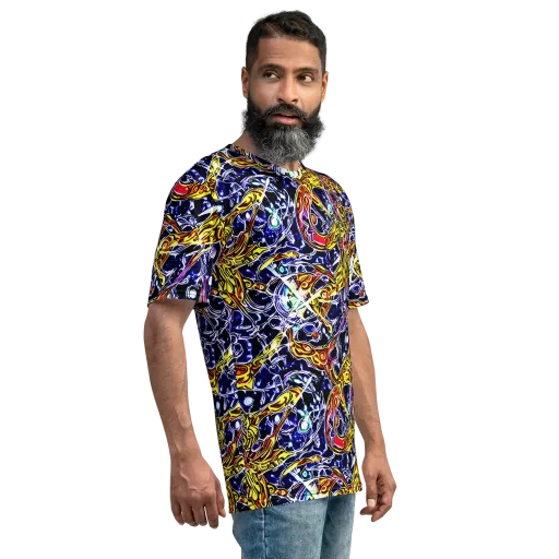 Blue Fire Orbit on a Men's Crew Neck T-Shirt