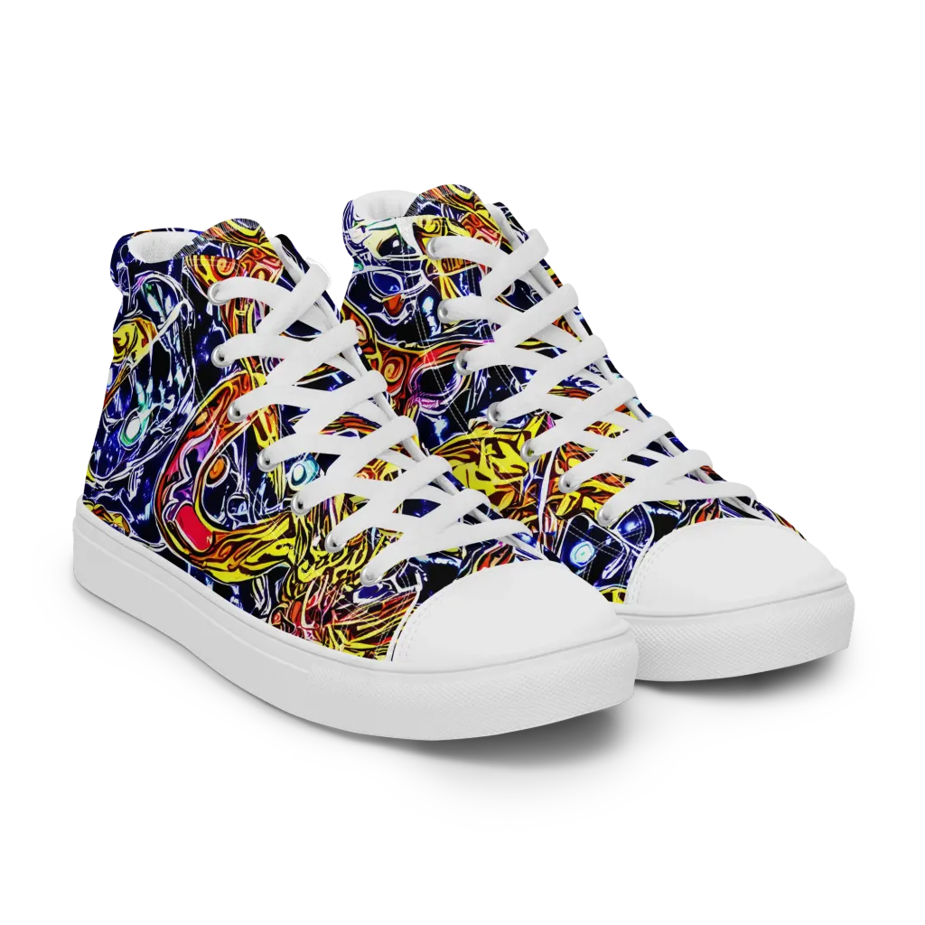 Blue Fire Orbit on Men's High Top Canvas Shoes — Right Front