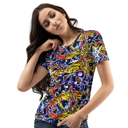 Blue Fire Orbit on a Women's Crew Neck T-Shirt