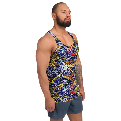 Blue Fire Orbit on a Men's Tank Top
