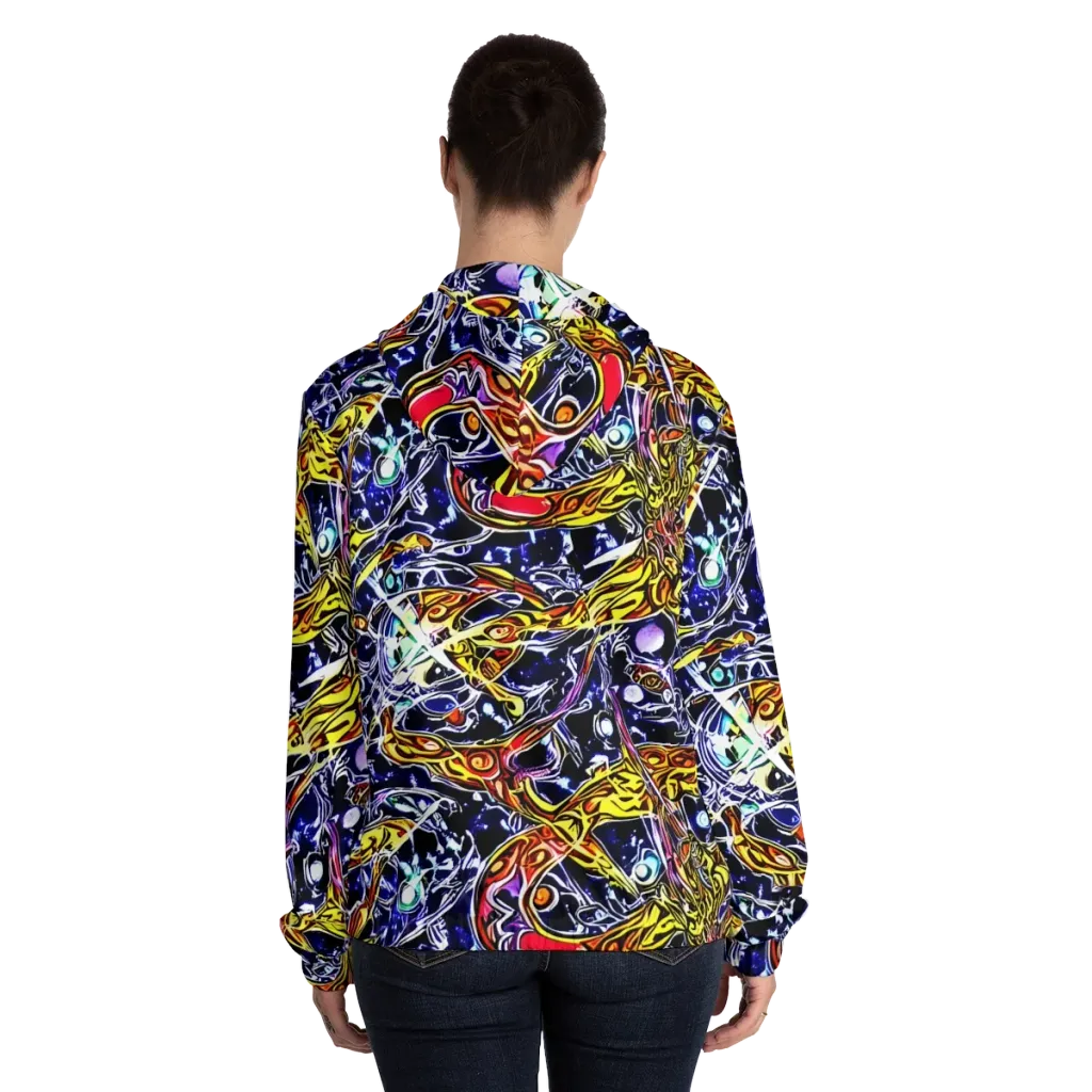 Blue Fire Orbit on Women's Full-Zip Hoodie — Back On Person