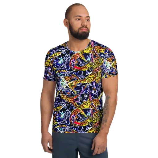 Blue Fire Orbit on a Men's Athletic T-Shirt