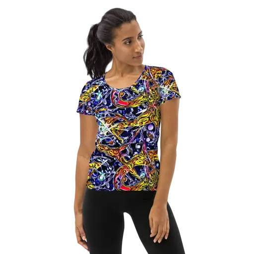 Blue Fire Orbit on a Women's Athletic T-Shirt