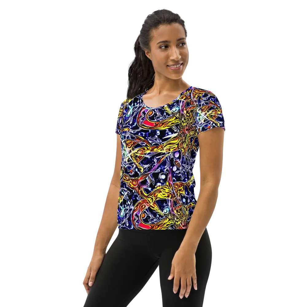 Blue Fire Orbit on Women's Athletic T-Shirt — Left