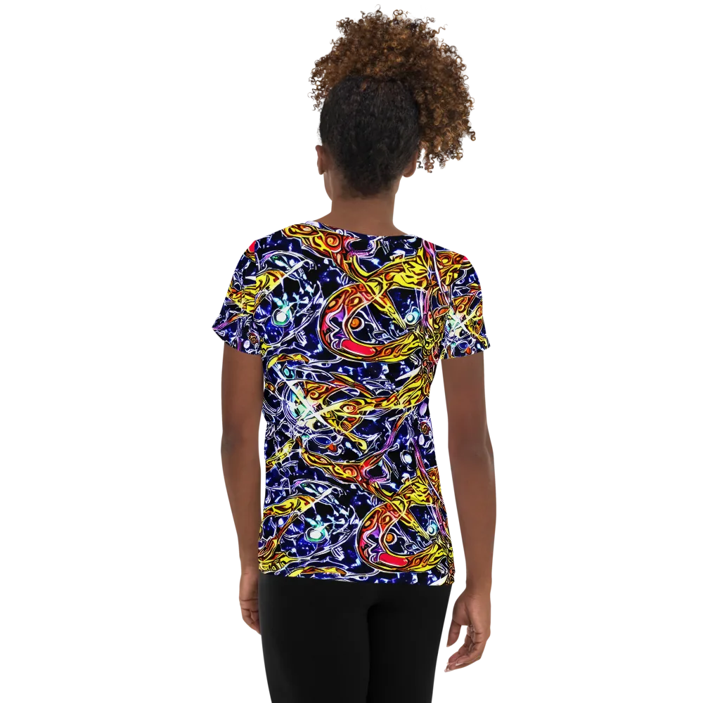 Blue Fire Orbit on Women's Athletic T-Shirt — Back